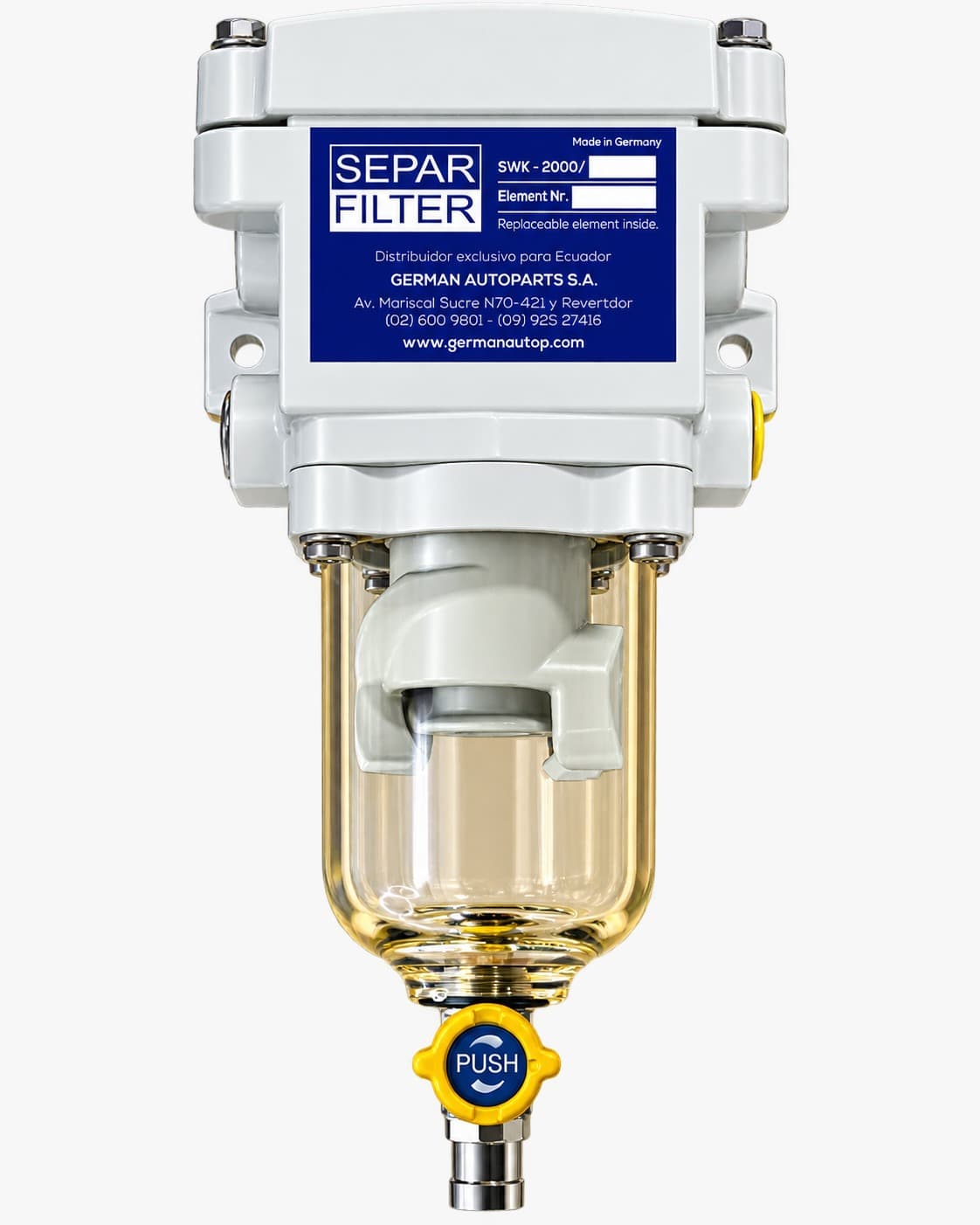 Filtro separador de agua SEPAR FILTER SWK-2000 para sistemas de combustible diésel, vista frontal con válvula de purga PUSH